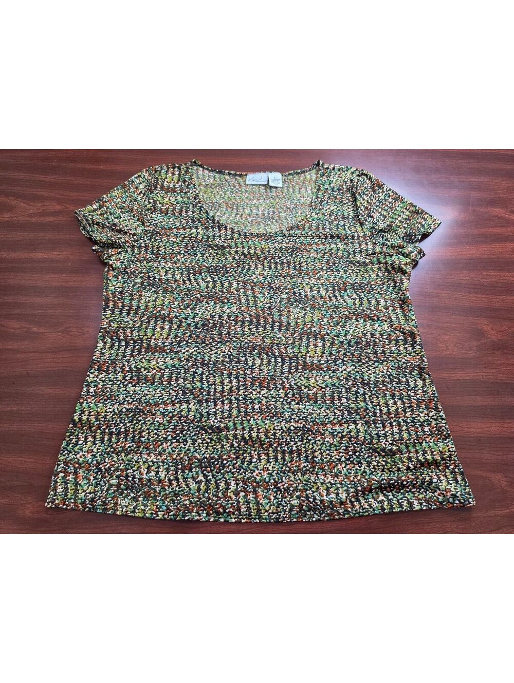 Kim Rogers Womens Shirt Large Green Multi Color Speckled Abstract Print Blouse